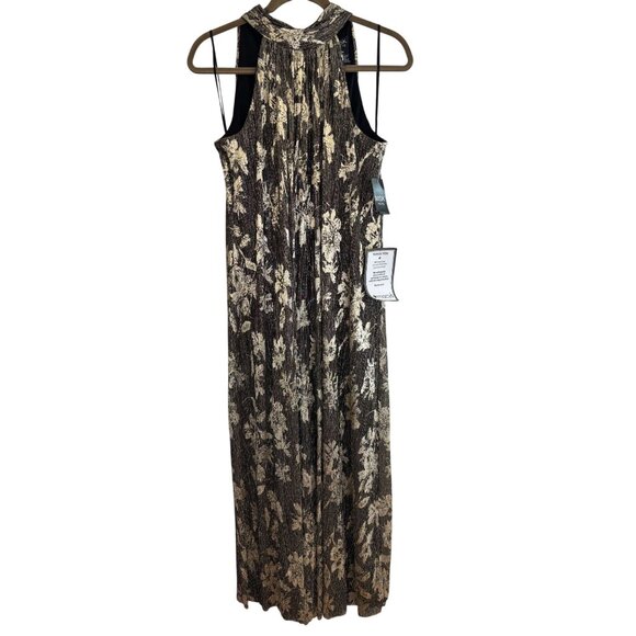 MSK Gold & Black Floral Pleated Metallic Maxi Wide Leg Pantsuit Romper Size - PL - Picture 1 of 7